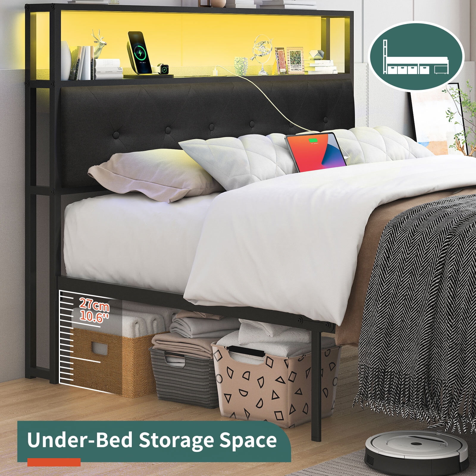 Full Size Bed Frame with LED Storage Headboard Shelf, Bed Metal Platform with Charging Station, Black