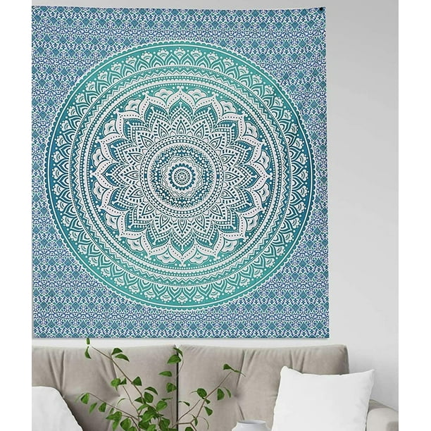 Mandala Tapestry Green Orange Indian Wall Hanging Large Green Peacock Feather Cloth in Boho Hippie Design - Also Used as Bedspread and Throw