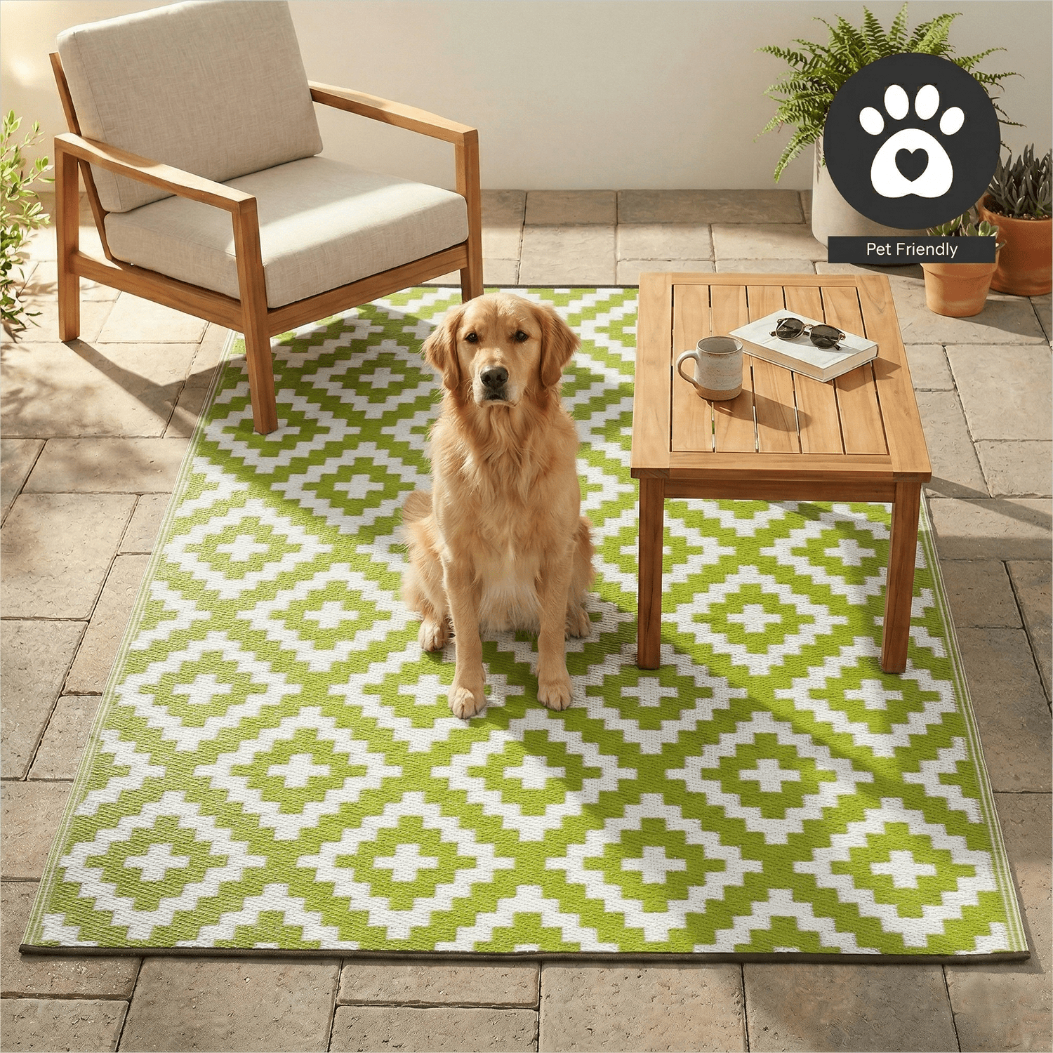 FH Home Outdoor Rug - Waterproof, Fade Resistant, Crease-Free - Premium Recycled Plastic - Geometric - Patio, Deck, Porch, Balcony, Laundry Room - Aztec - Green & White - 4 x 6 ft