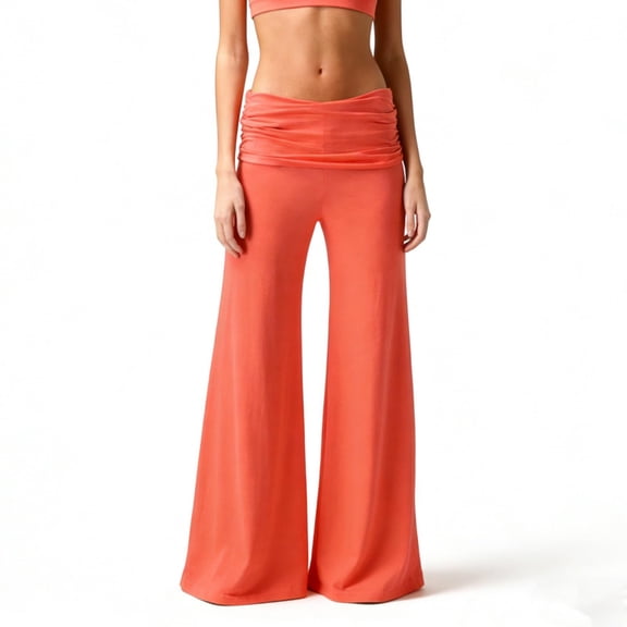 Coral Fold Over Pants - 2026 Wide Leg Yoga Pants - Solid Loose Fit Lounge Pants with Ruched Waist - Soft Breathable Activewear for Yoga, Sports & Everyday