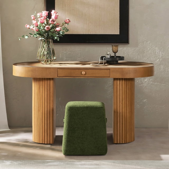 Jesse 55.5" Single Drawer Fluted Oval Console Desk Honey Brown Rubberwood