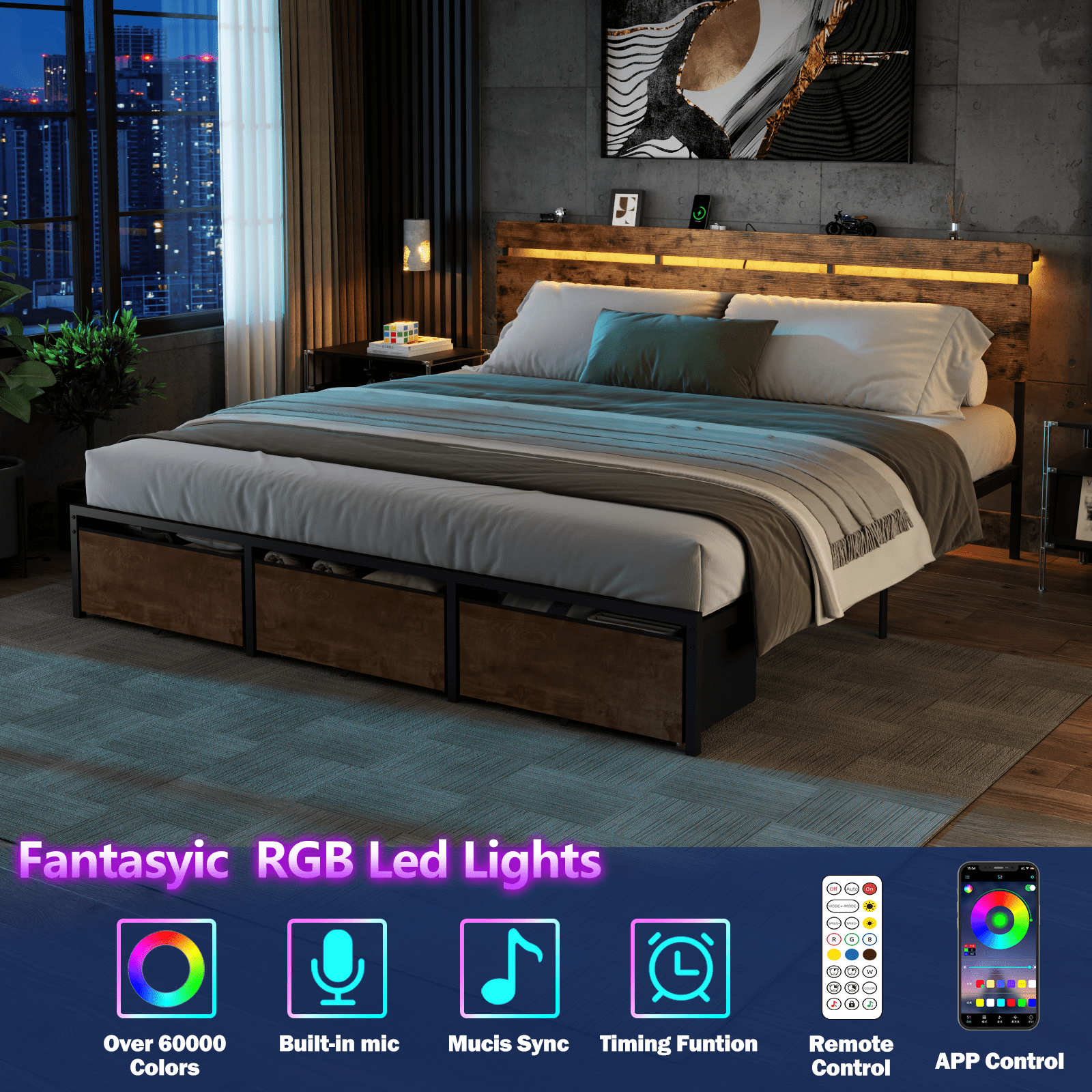Satifur King Size Bed Frame with 3 Drawers & LED Lights & Charging Station, Beds with Headboard & 10.10" Under Bed Storage, No Box Spring Needed, Easy Assembly, Rustic Brown