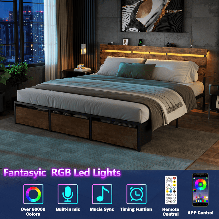 Satifur King Bed Frame with Storage Drawers, LED Lights & Charging photo 5