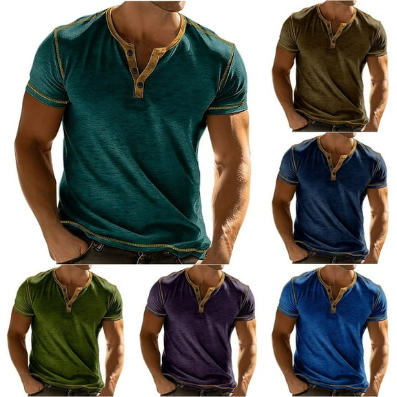 ZRGHAOYLQ Men's Henley T-shirts Short Sleeve Casual Button Up T Shirts Classic Lightweight Basic Tees Tops Big and Tall Patchwork Shirt