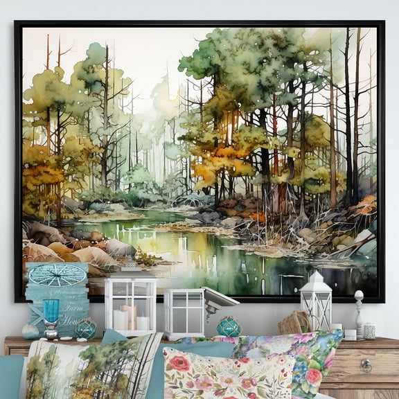Designart "Alcohol Ink Landscape: Forest" Forest Floater Framed Canvas Wall Art