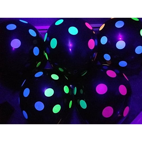 Blacklight Party Balloons - Black Balloons with Polka Dots that Glow in the Dark under Blacklight - 25 Pack of 11