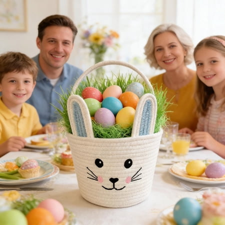 Homekingdee Easter Storage Basket Hand-woven Rabbit-shaped with 3D Ears – Polyester Holiday Decorative Storage Bin for Home Decor
