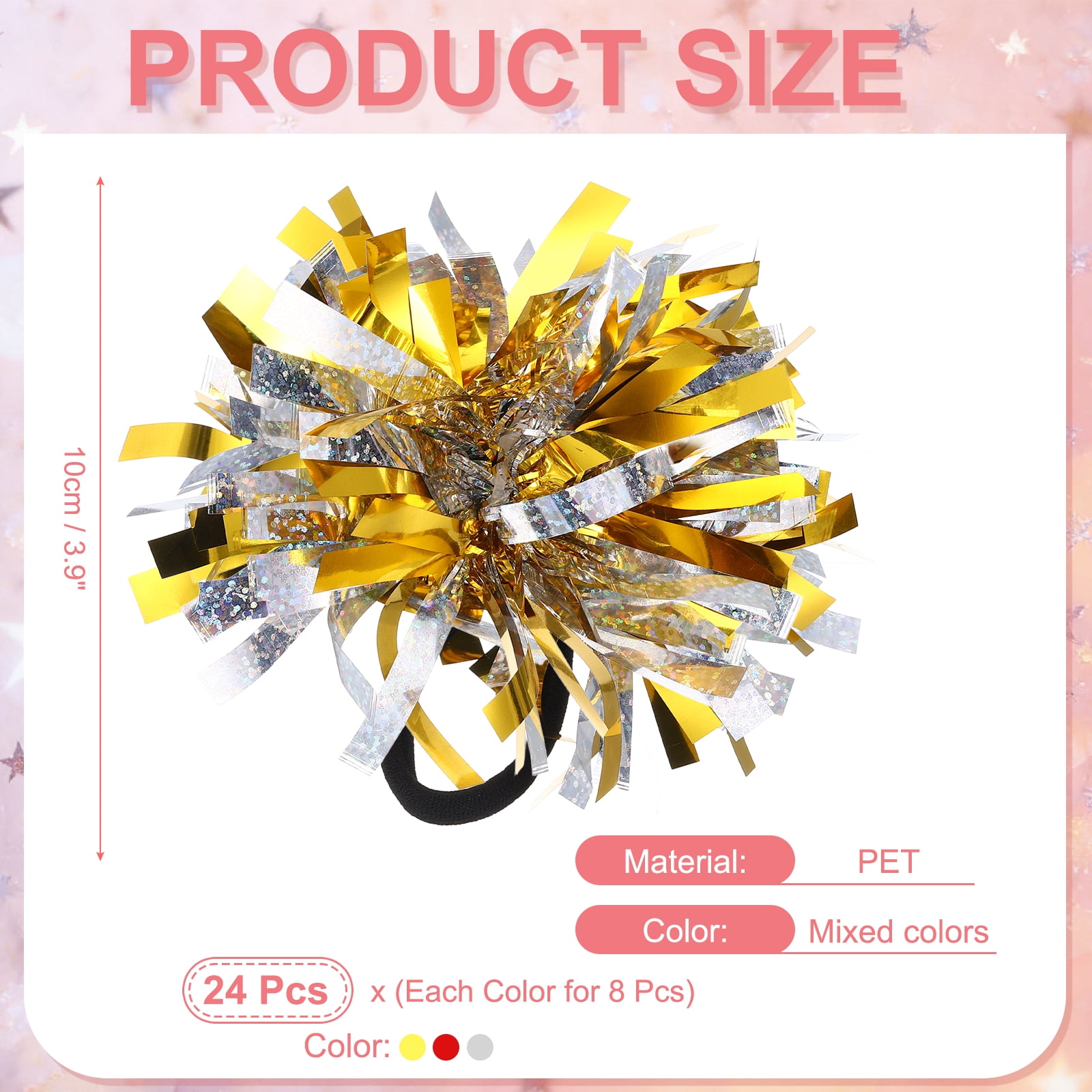 Uxcell 24 Pcs Cheerleading Pom Poms Hair Ropes for Basketball Game,Outdoor Activities, Gold, Red, Silver