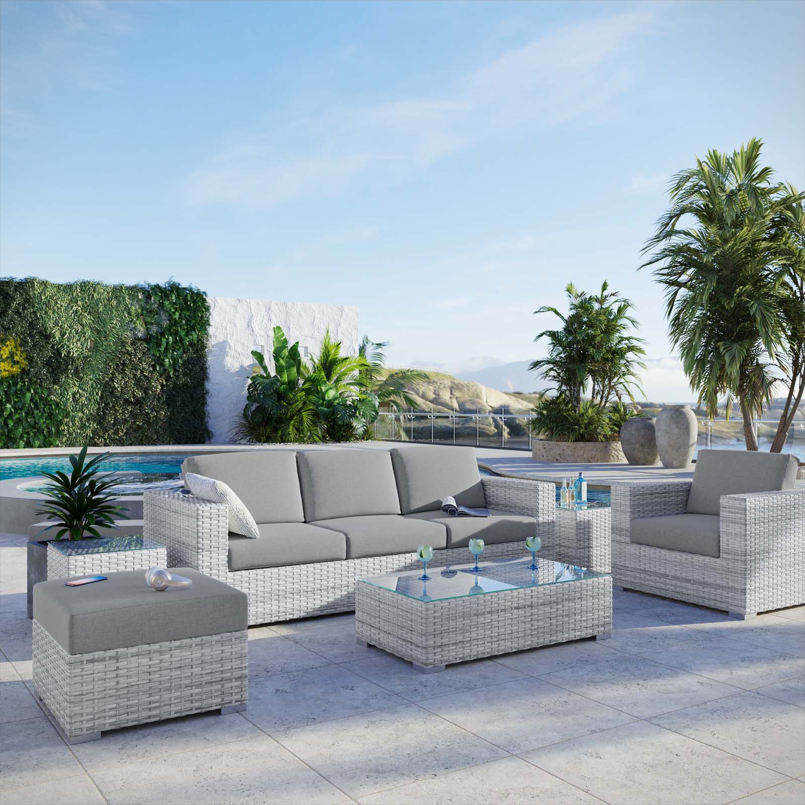 Lounge Sectional Sofa Chair Set, Rattan, Wicker, Grey Gray, Modern Contemporary Urban Design, Outdoor Patio Balcony Cafe Bistro Garden Furniture Hotel Hospitality - image 2 of 10