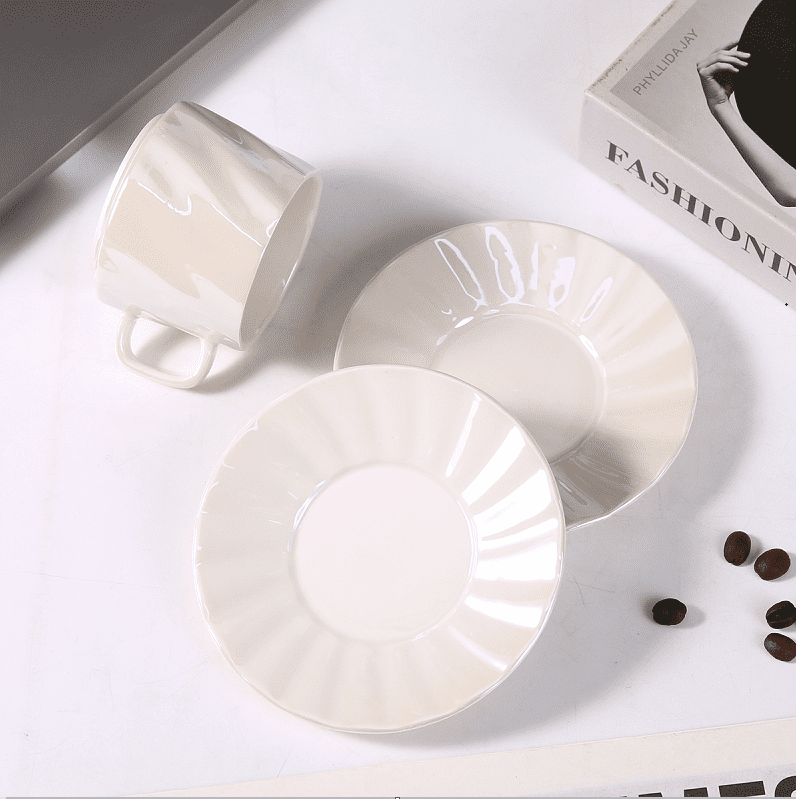 3.4OZ Coffee Cups and Saucers 6-Piece Set, 100ml Espresso Cup Ceramic Tableware Set, Suitable for Coffee and Tea Serving in Restaurants and Home Use, Beige