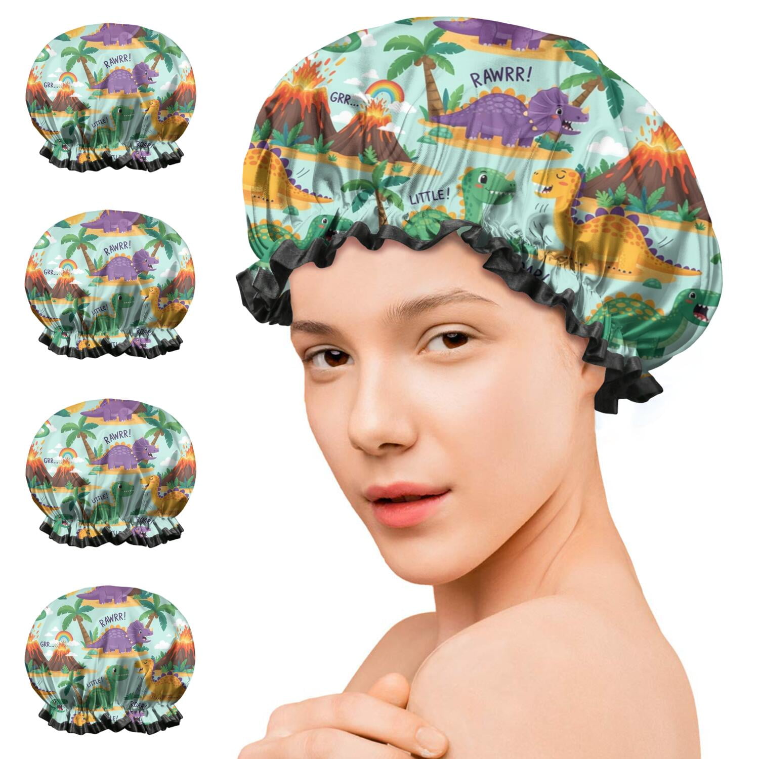 Shower Caps,LightBlue Cartoon Dinosaurs Volcanoes Pattern Waterproof Shower Cap for Women 4 Pieces,Double Reusable Hair Cover for Shower PEVA Elastic Stretch Hem