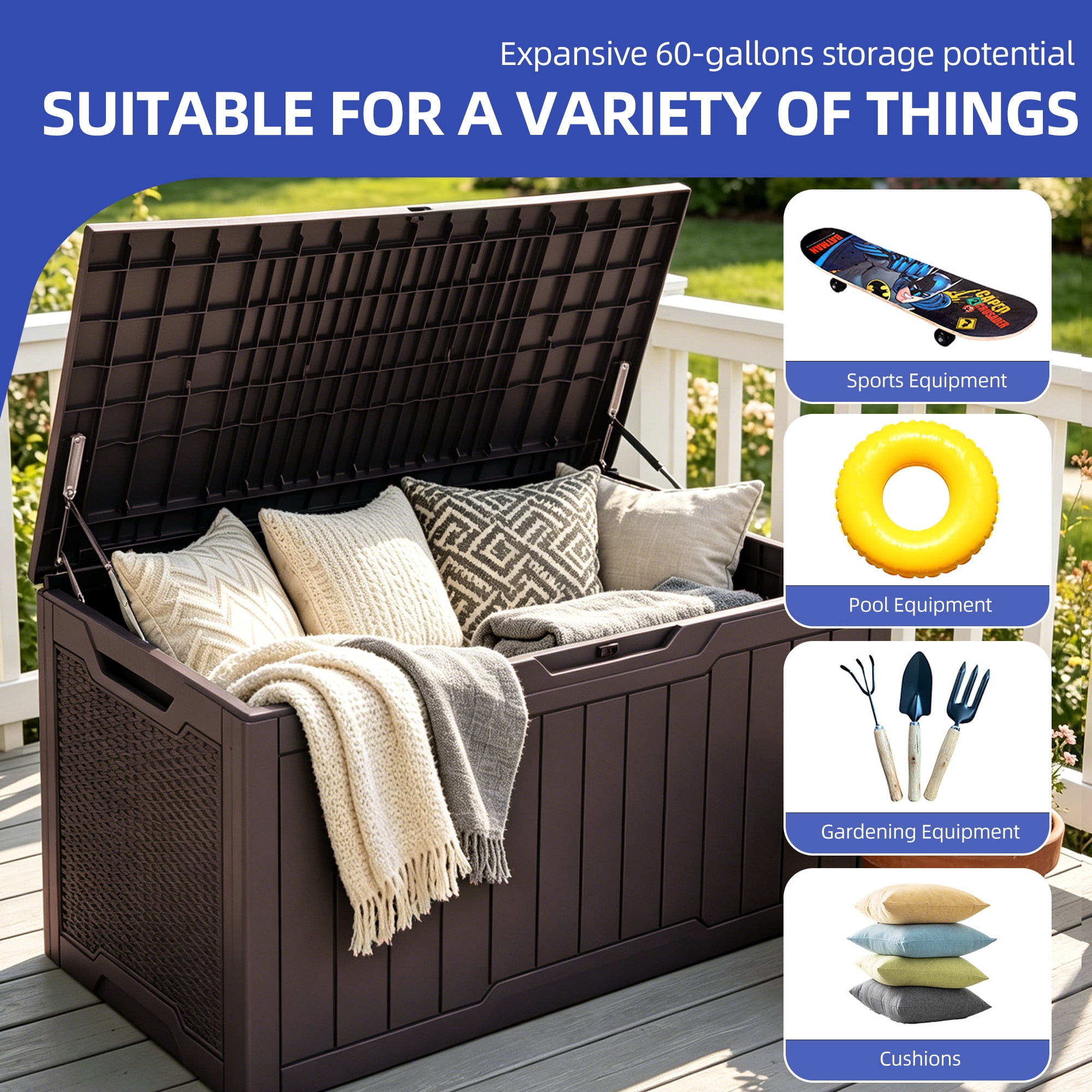 Uforic 100 Gallon Weatherproof Resin Deck Box, Lockable Outdoor Storage Container for Patio Cushions, Garden Tools and Pool Supplies, Dark Brown