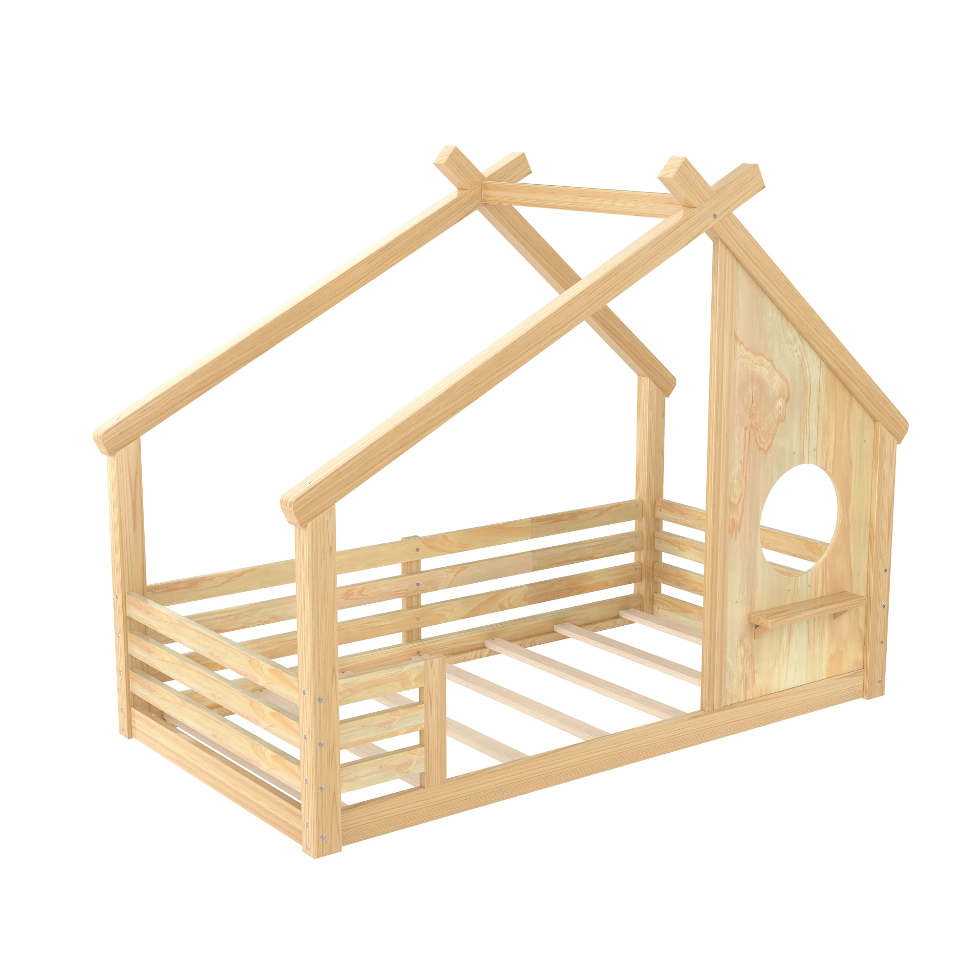 Jopath Twin Size House Floor Bed with Window and a Small Shelf, Solid Wood Floor Bed with House-shaped Roof for Boys Girls Natural