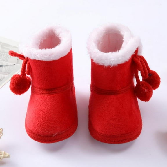 Toddler Baby Solid Color Plus Velvet Cotton Shoes Newborn Double Pompom Mid-Calf Snow Boots