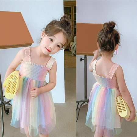 

Prettyui Little Girls Princess Dress Rainbow Mesh Casual Camisole Pleated Dress Summer Vest Princess Dress Baby Party Wedding Ball Gown Tutu Dress