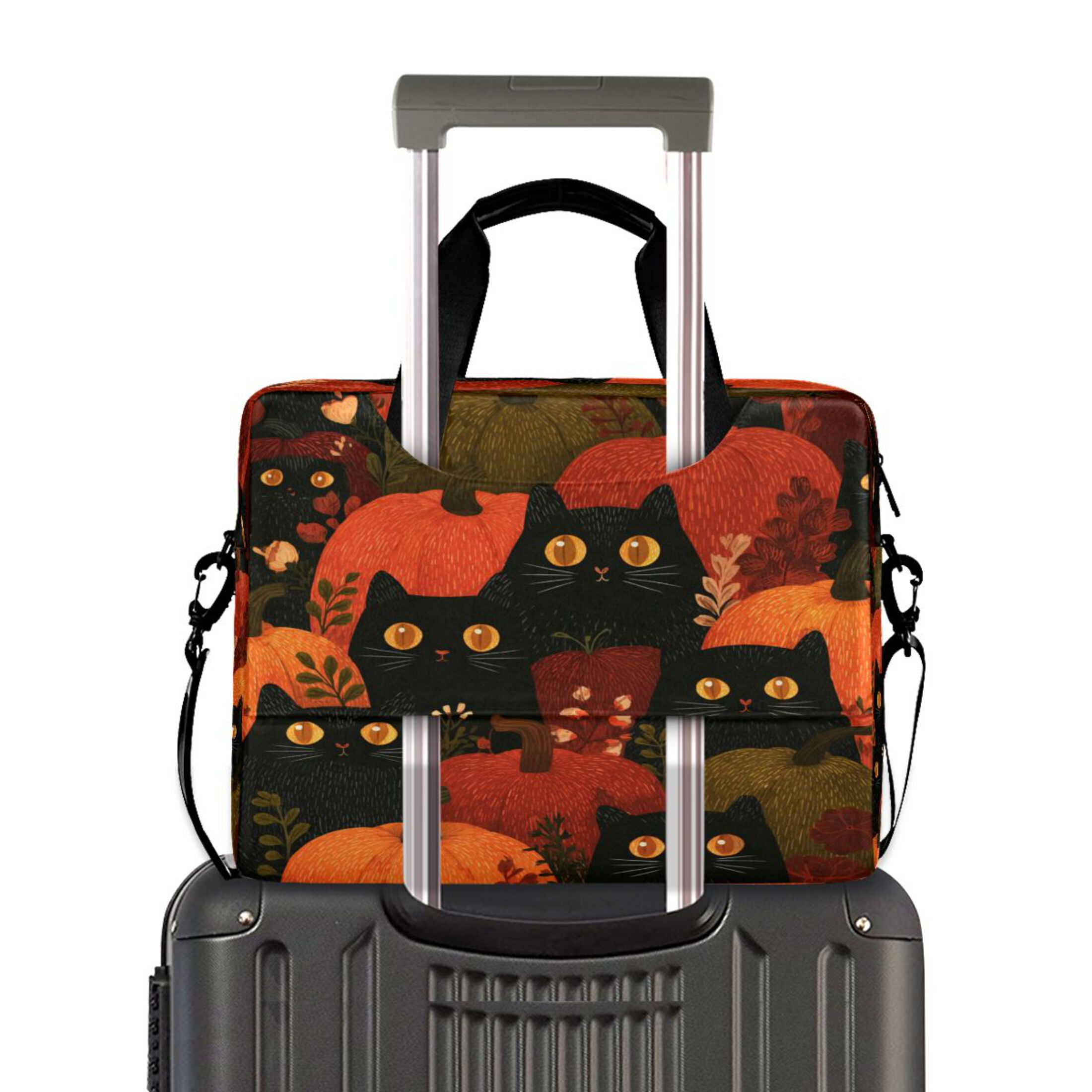 16" Laptop Tote Bag Laptop Sleeve Case Computer Briefcase for Work & Travel Black Cat Surrounded by Pumpkins