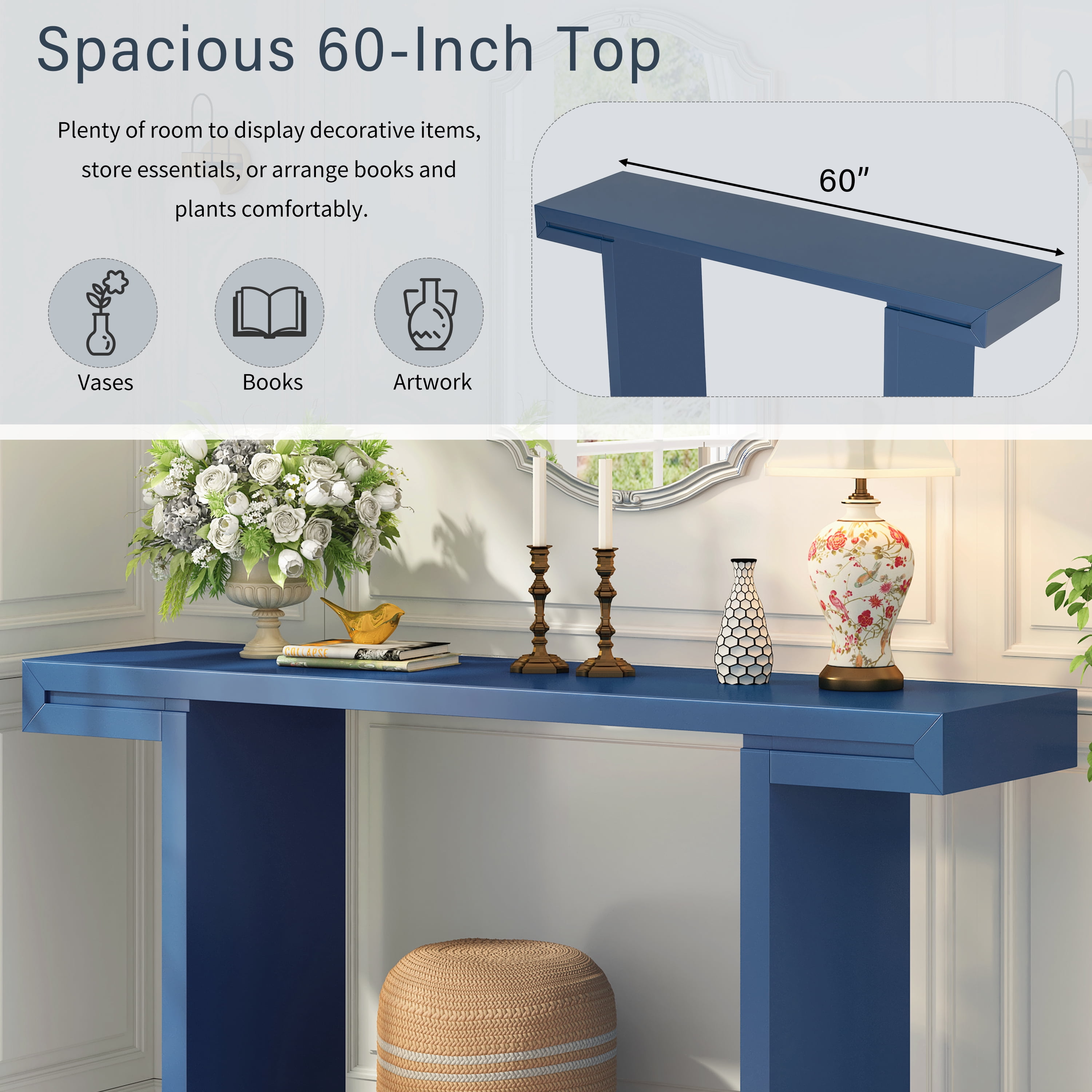Large 60" Console Table with Geometric Clean Lines Design, Entryway Table with Painted Finish and Adjustable Feet, Suitable for Living Room, ntryway, Hallway