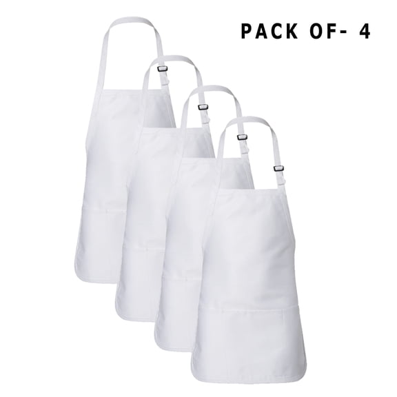 Q-Tees Full-Length Apron with Pouch Pocket - Kitchen Aprons: Perfect Chef Aprons and Cooking Aprons for Women | 55/45 Cotton/polyester | White | Pack of 4
