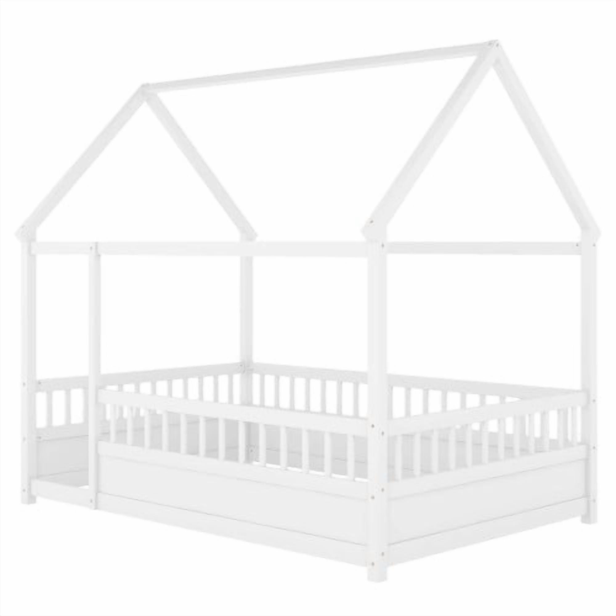 Bellemave Full Size House Floor Bed, Wood Full House Bed with Fence, Safe Playhouse Montessori Floor Bed, White