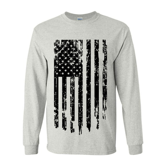 Distressed American Flag Patriotic USA Flag Sleeve Long Sleeve T-shirt Graphic Tee-Ash-5xl