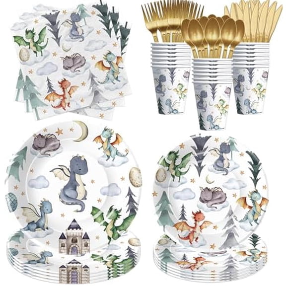 Dragon Birthday Party Supplies - Dragon Party Decorations, Tableware Set for 24 Guests