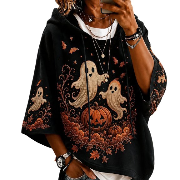 Stralyhd Spooky Womens Hoodies Spooky Hooded Top Holiday Graphic Loose Fit Pullover Hoodie Autumn Outfit Blouse L