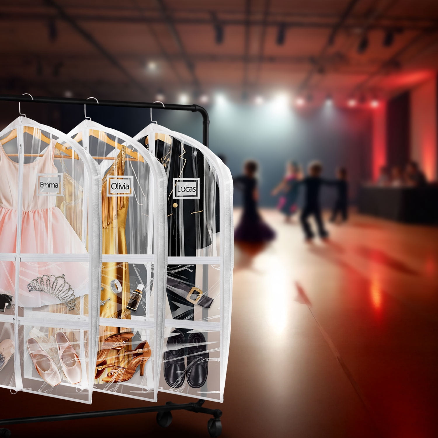 Mber 3-Pack 39" Dance Garment Bags For Dancers, Garment Bags For Dance Costumes, For Dance Competitions, with 4 Medium Clear Zipper Pockets, Clear