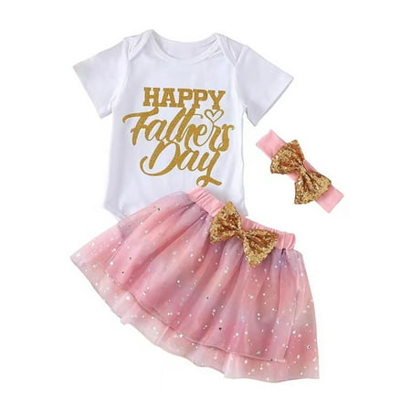 

Father s Day Baby Girls Jumpsuit Set Summer Letter Print Short Sleeve Rompers and Sequined Mesh Tulle Skirt Headband