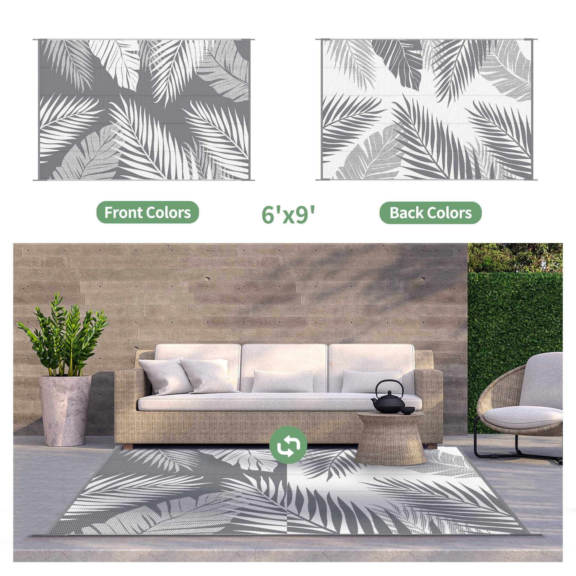 DEORAB 6'x9' Outdoor Rugs Waterproof Patio Lightweight Reversible Plastic Carpet Outside Camping Mat,Gray & White