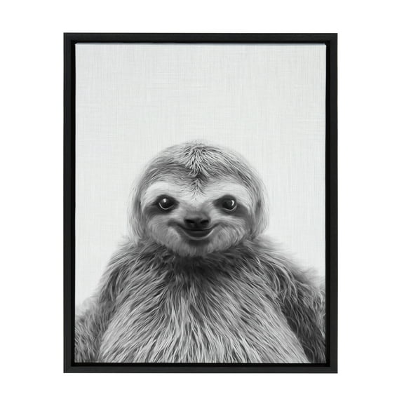 Kate and Laurel Sylvie Sloth Black and White Portrait Framed Canvas Wall Art by Simon Te Tai, 18x24 Black