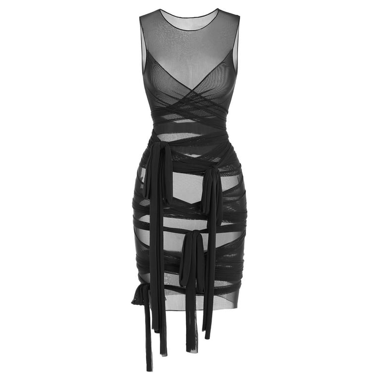 knee length dresses for ladies Xella Ruched Mesh Bandage Midi Dress