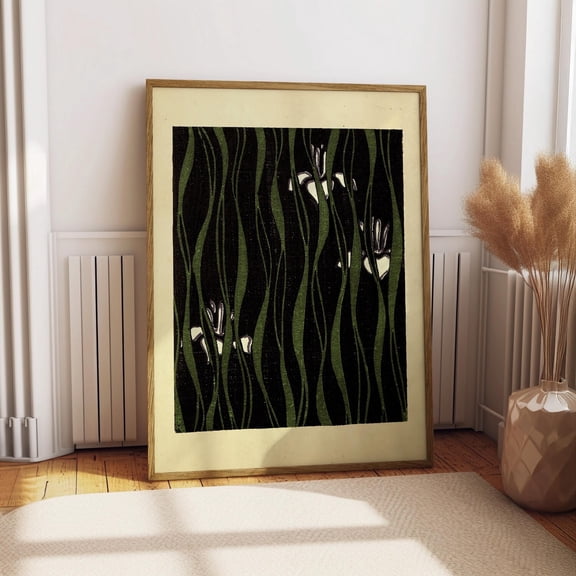Japanese Woodblock Floral Print, Vintage Green Botanical Pattern Art, Japandi Decor Style, Art Nouveau, Inspired Decorative, Wall Decor, Unfreamed 8x12