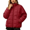 thumbnail image 2 of Mifsaly Quilted Puffer Jacket for Women Stand Collar Zip Up Long Sleeve Oversized Lightweight Winter Coat Fall Cold Weather Casual Warm Outerwear with Pockets Red,S, 2 of 8