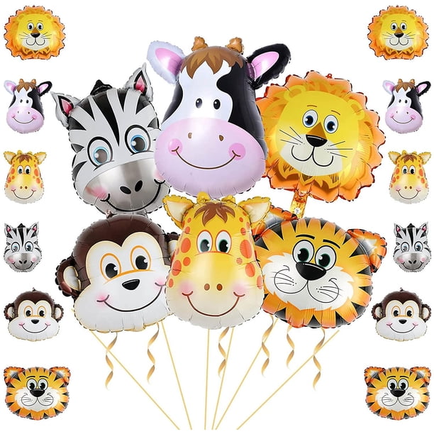 18 Pack AnimalPaquete de 18 globos de aluminio con cabeza de animales de safari en la jungla, tigre, cebra, jirafa, león, vaca, mono, kit de globos para safari en la jungla, fondo