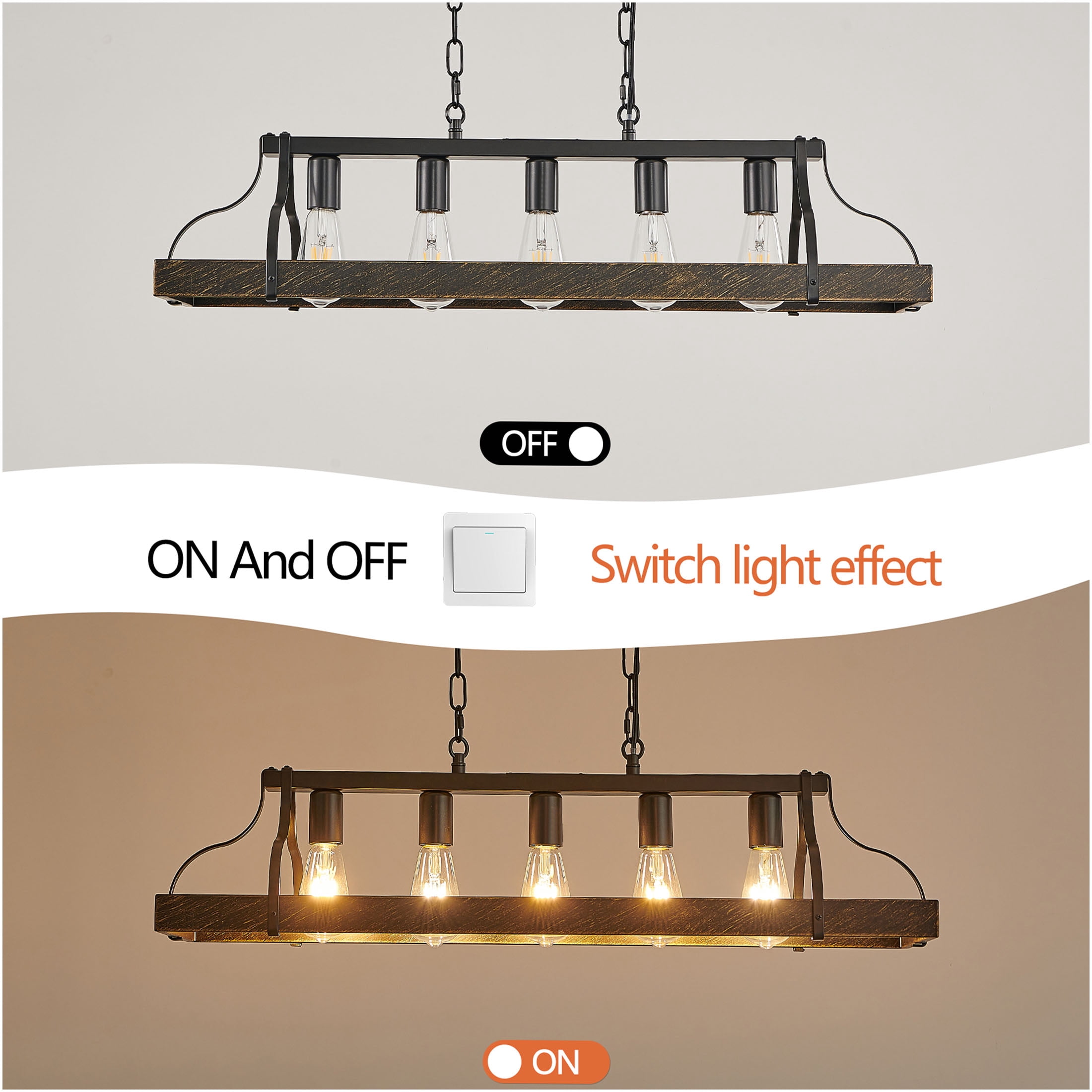 JERFIT Vintage Black Gold Pendant Light Chandelier, 5-Light Island Hanging Fixture with Adjustable Chain for Dining Room Kitchen Living Room, Antique Industrial Cage Ceiling Light, No Bulbs Included