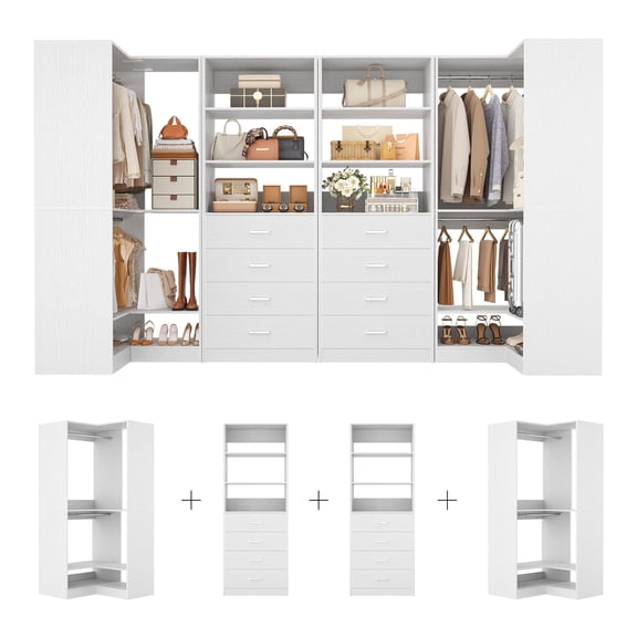 Homieasy U-Shaped Closet Organizer System, 104'' Wide Wardrobe Closet with 8 Drawers, 4 Hanging Rods, and 13 Storage Shelves, Large Closet System for Walk-in Closet, White