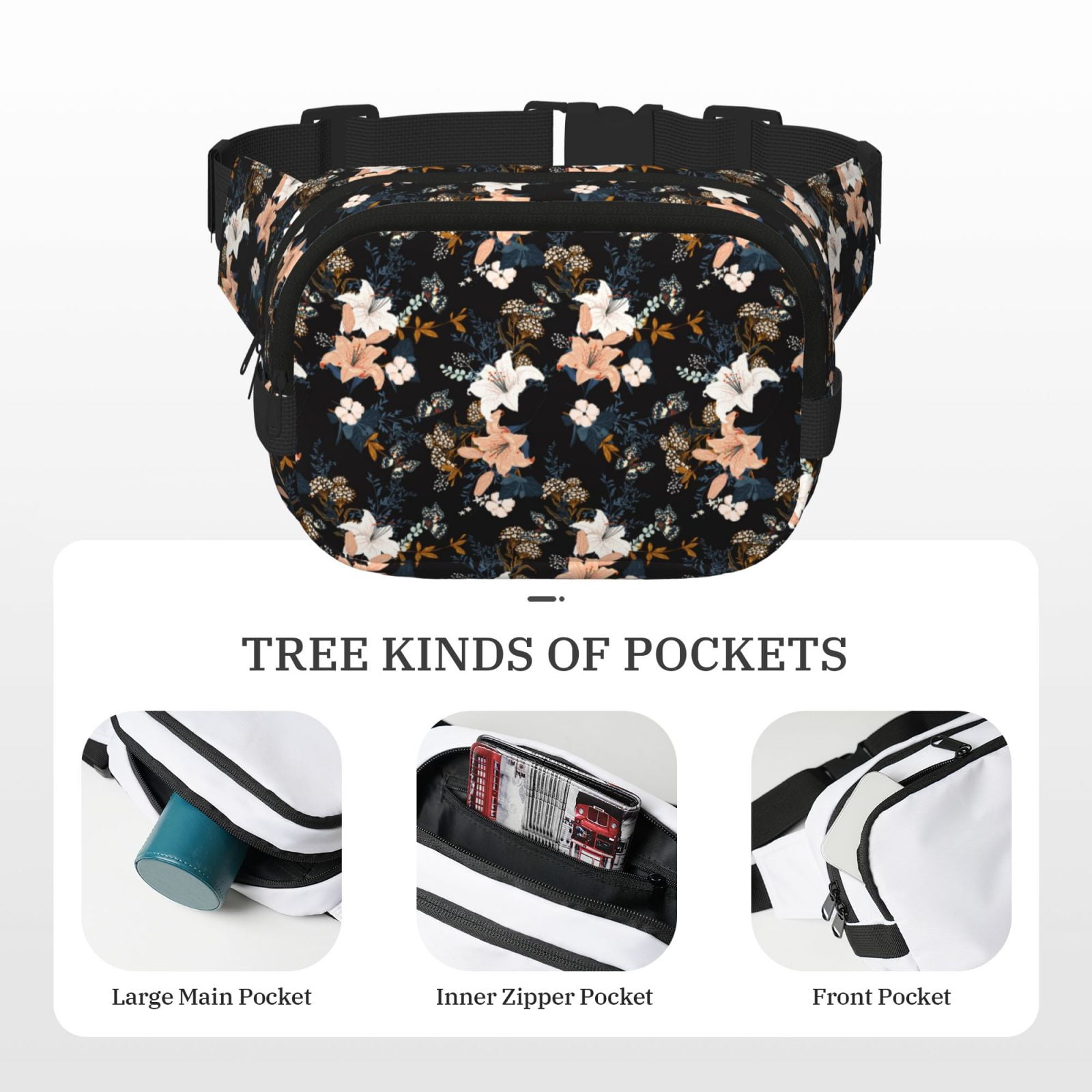 Picia Lilies Flowers Print Square Double-Layer Waist Bag Mini Adjustable Waist Belt Bag Exercise Running Travel Hiking
