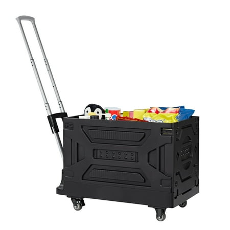 VECELO Extra Large Foldable Utility Cart, Portable Rolling Crate Handcart with Adjustable Handle, Shopping Trolley Collapsible Tool Box with Lid & Wheels, Black