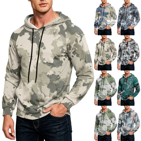 Camo Oversized Hoodies for Men Lightweight Graphic Outdoor Men Sweatshirts Long Sleeve Drawstring Hood with Pockets Gray S