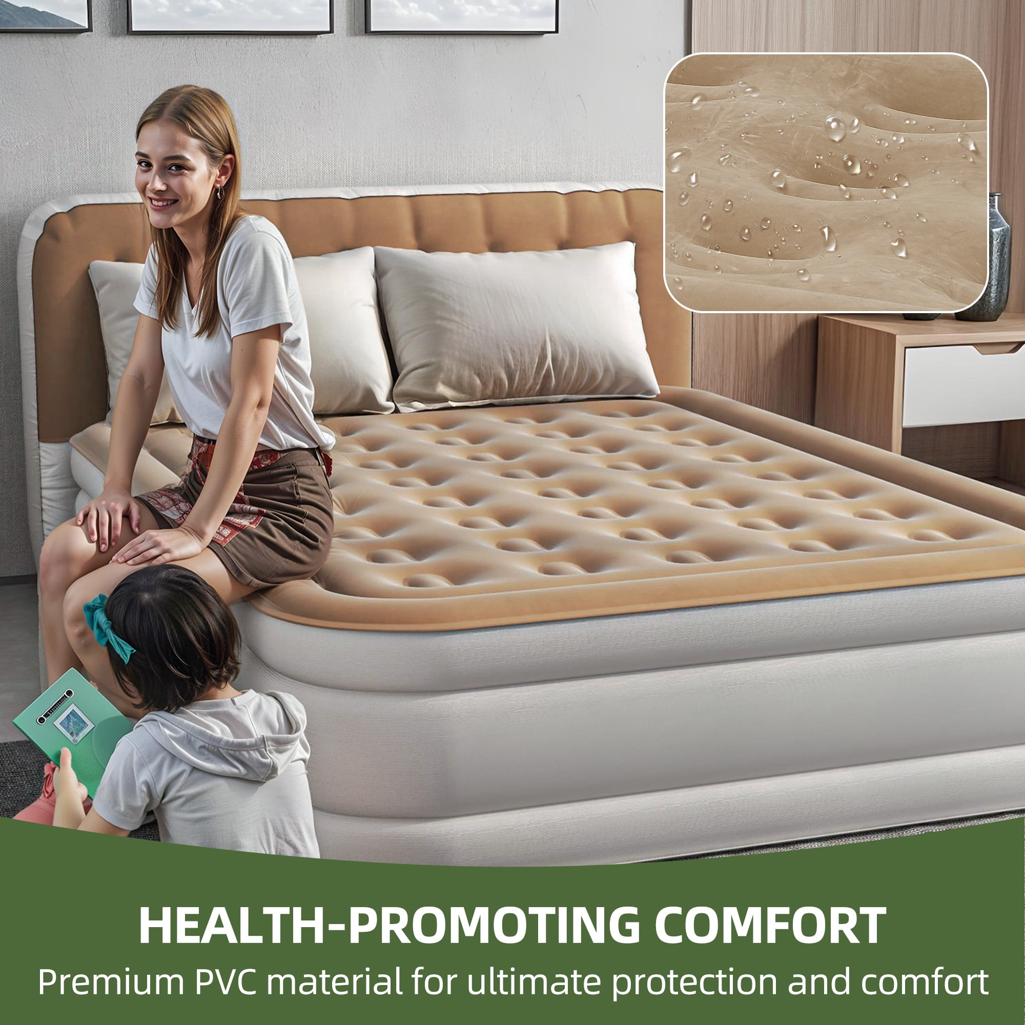 Uforic 18" Queen Air Mattress with Built-in Pump, Flocked Top Inflatable Bed with Banded Headboard for Home, Camping & Guests, Khaki