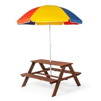 Ktaxon Wood Kids Picnic Set, Outdoor Child Furniture Set with Umbrella, Toddler Activity Table with Benches for Patio Garden Backyard, Dark Brown