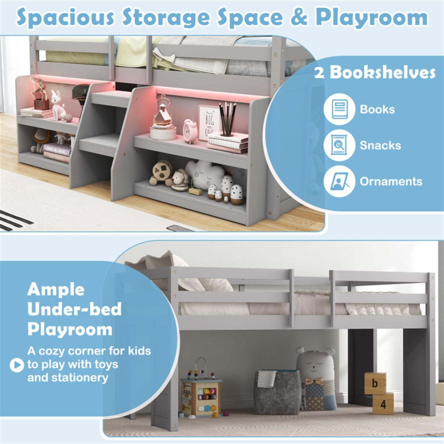 Demi Bonn Twin Size Loft Bed with LED Lights, Wooden Twin Low Loft Bunk Bed with Staircase and Safety Guardrail for Teens, Gray