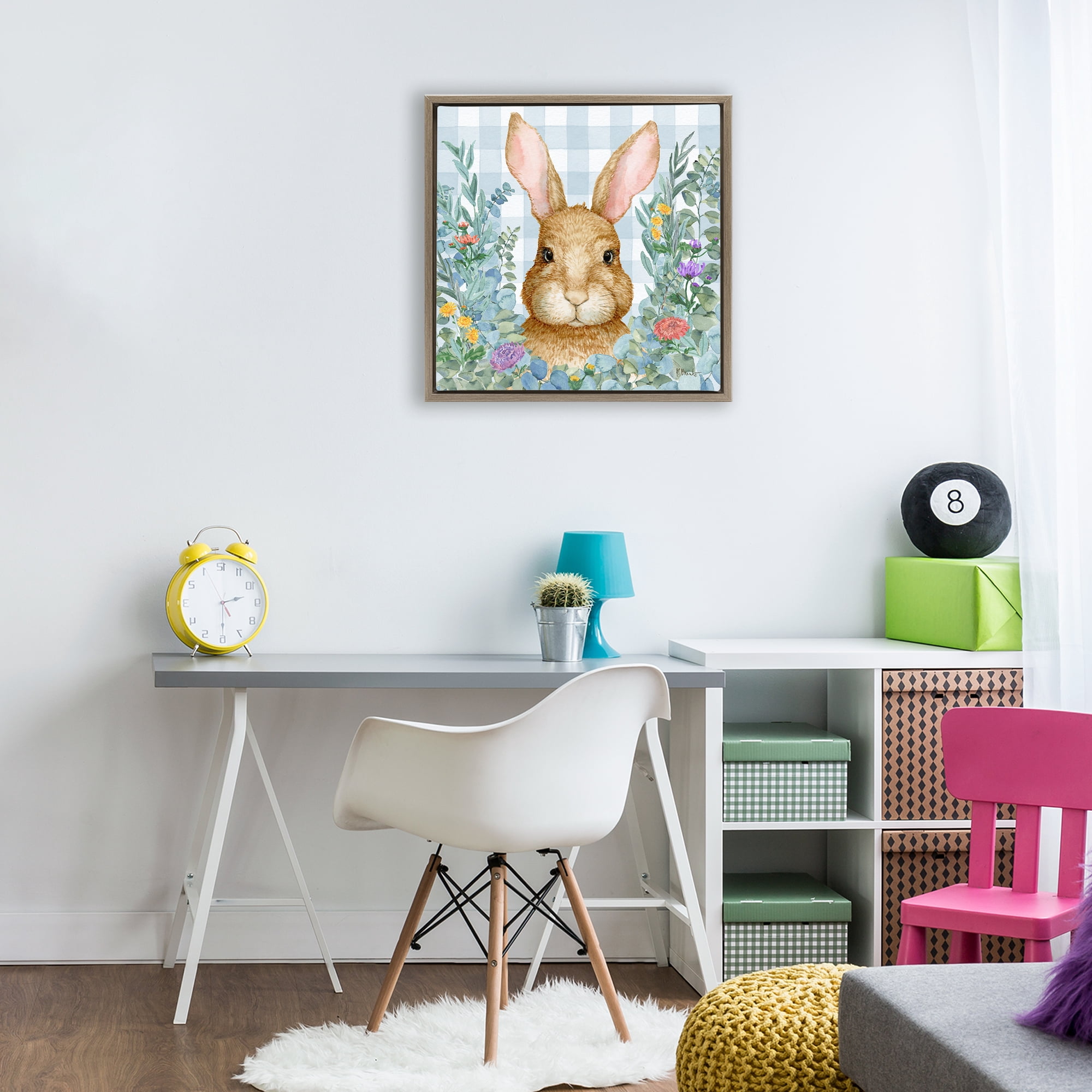 Stupell Industries Rabbit Laurel on Gingham Brown Framed Floater Canvas Wall Art, design by Paul Brent