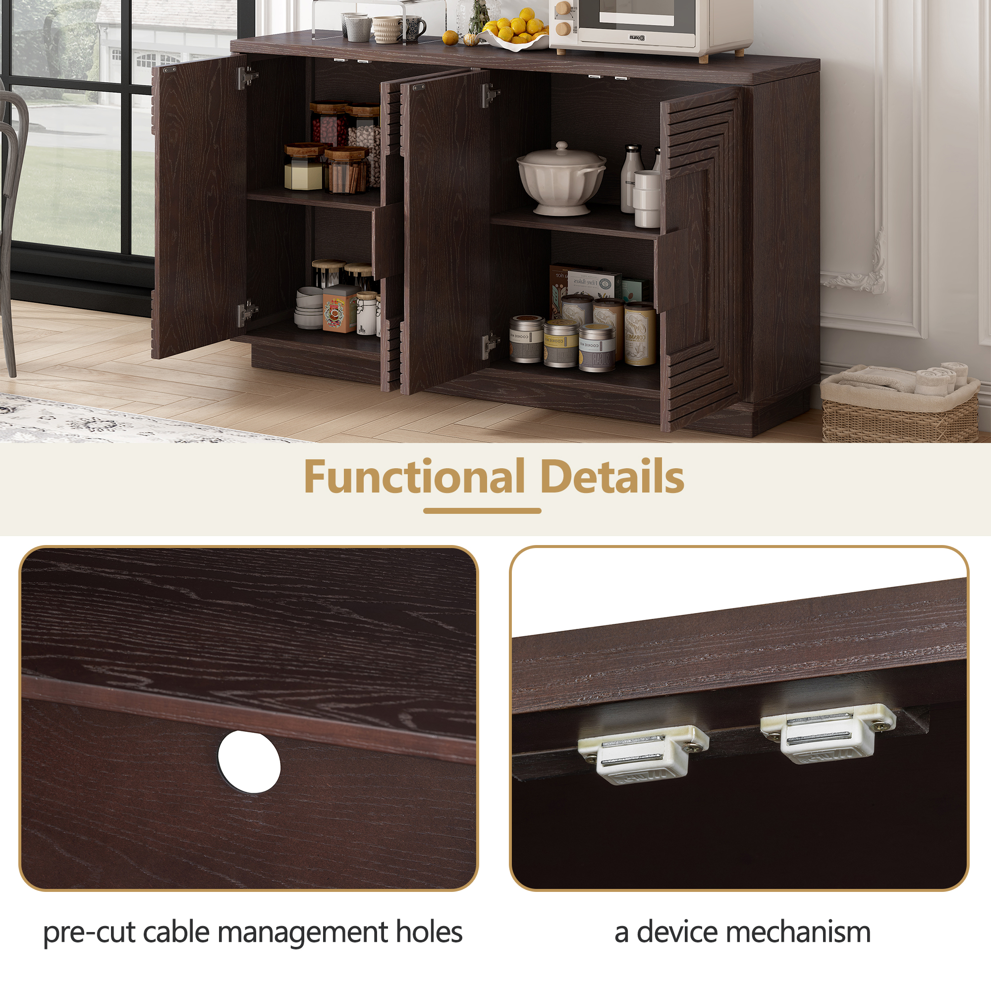 MAYEERTY 4-Door Vintage Fluted Buffet Cabinet with Adjustable Shelves for Dining Room, Kitchen, Living Room, Espresso