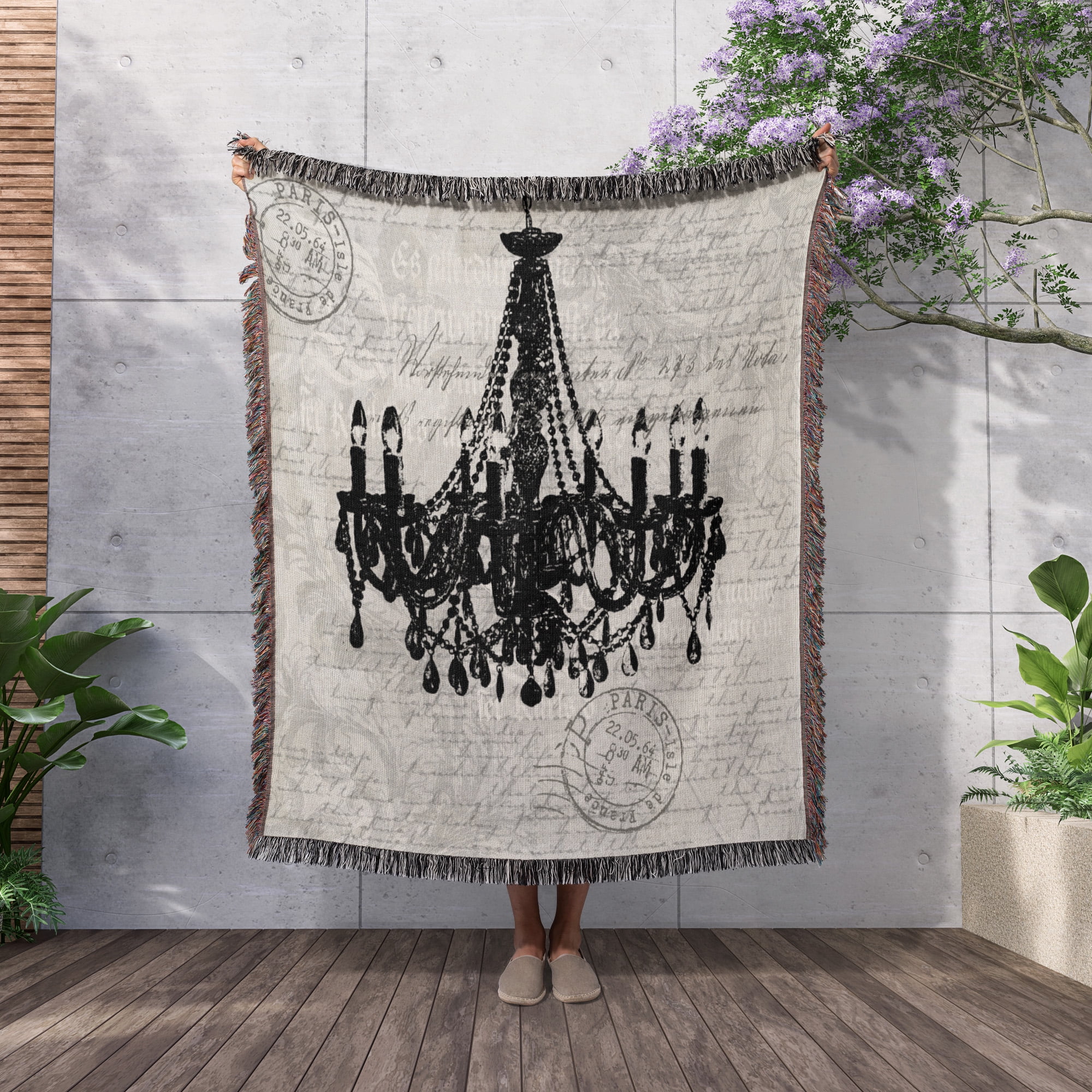 Nostalgic Chandelier Illustration In Light Grey, Woven Blanket
