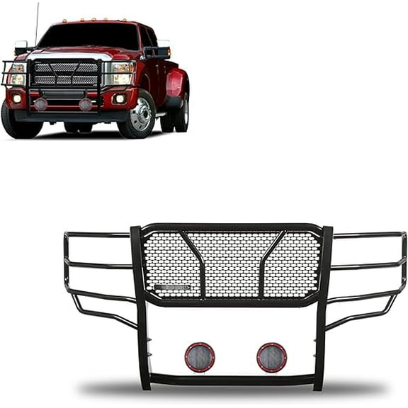 Black Horse RUGGED Heavy Duty Grille Brush Bumper Guard Modular Black Come With Pair of 5.3"LED Lights Compatible with 2011-2016 Ford F-250/Ford F-350/Ford F-450/Ford F-550 Super Duty-RU-FOF211-B-PLFR