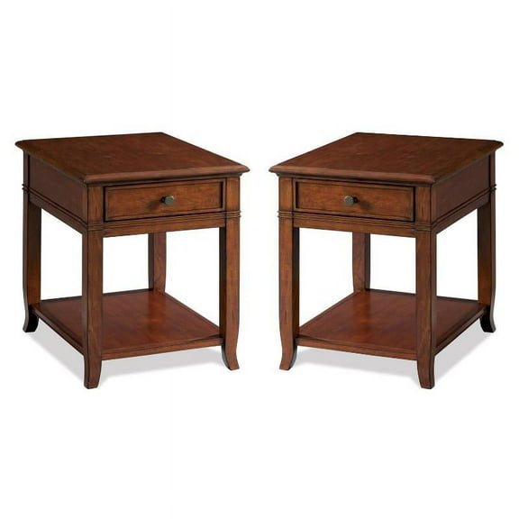 Home Square 1 Drawer End Table in Burnished Cherry Finish - Set of 2
