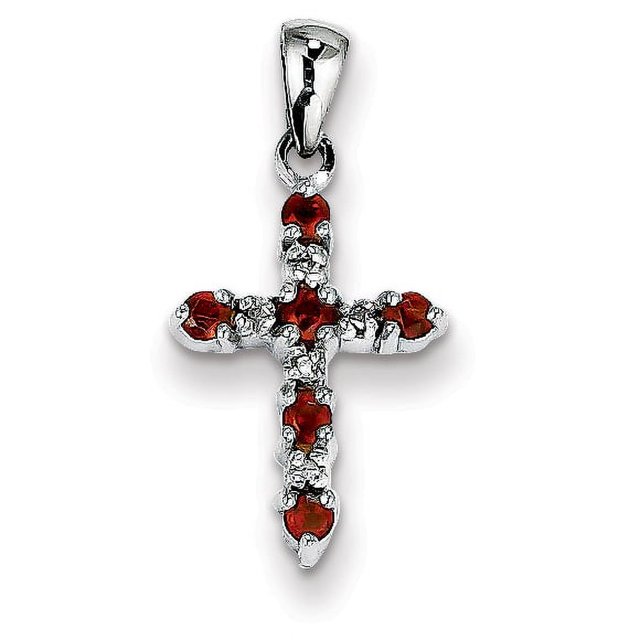 14k White Gold Garnet Diamond Cross Necklace Pendant Charm Religious Fancy