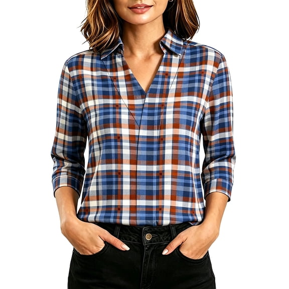 Maplenight 3/4 Sleeve Blouses for Women Collared Plaid Shirts Casual Relaxed Fit Breathable Tops Work Office Vacation Blouses