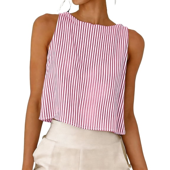 Womens Linen Tank Tops Striped Crop Sleeveless Tops Spring Summer Boat Neck Cute Shirts Blouses Red, 3XL